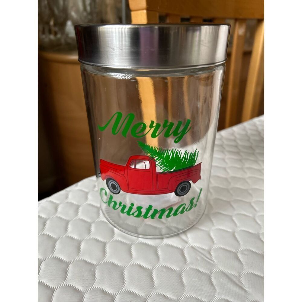 Christmas Glass RED TRUCK Jar With Tree